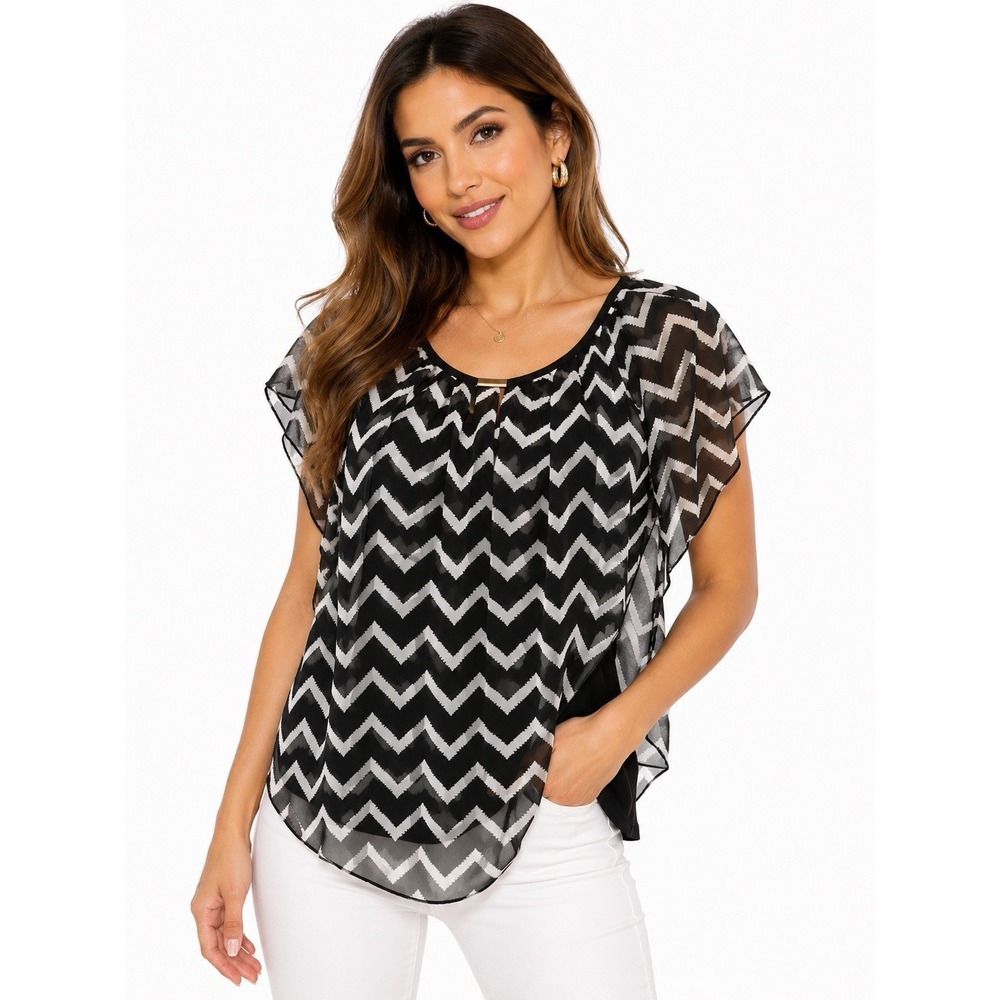 Cocomo Women's S Black‎ White Chevron Print Scoop Neck Sheer Blouse